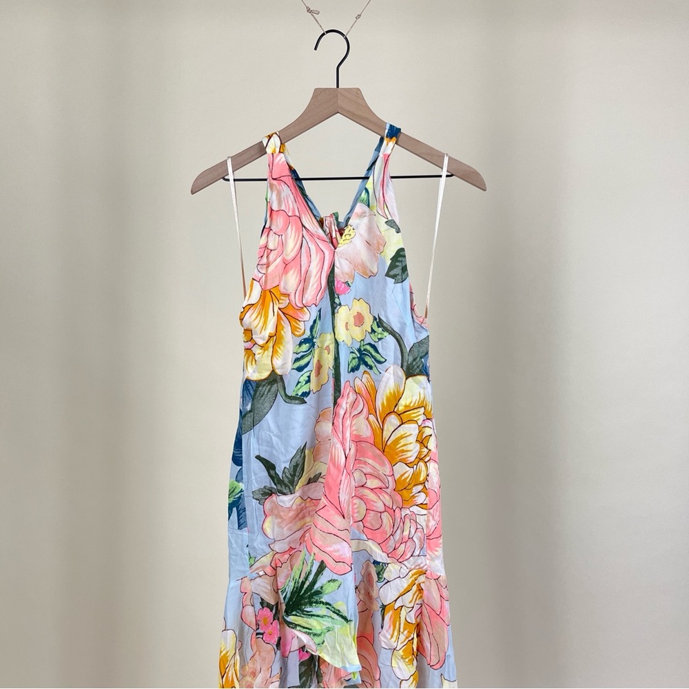 FARM Rio Halter Tie Neck Hi Low Mini Midi Dress in Light Blue Orange Floral